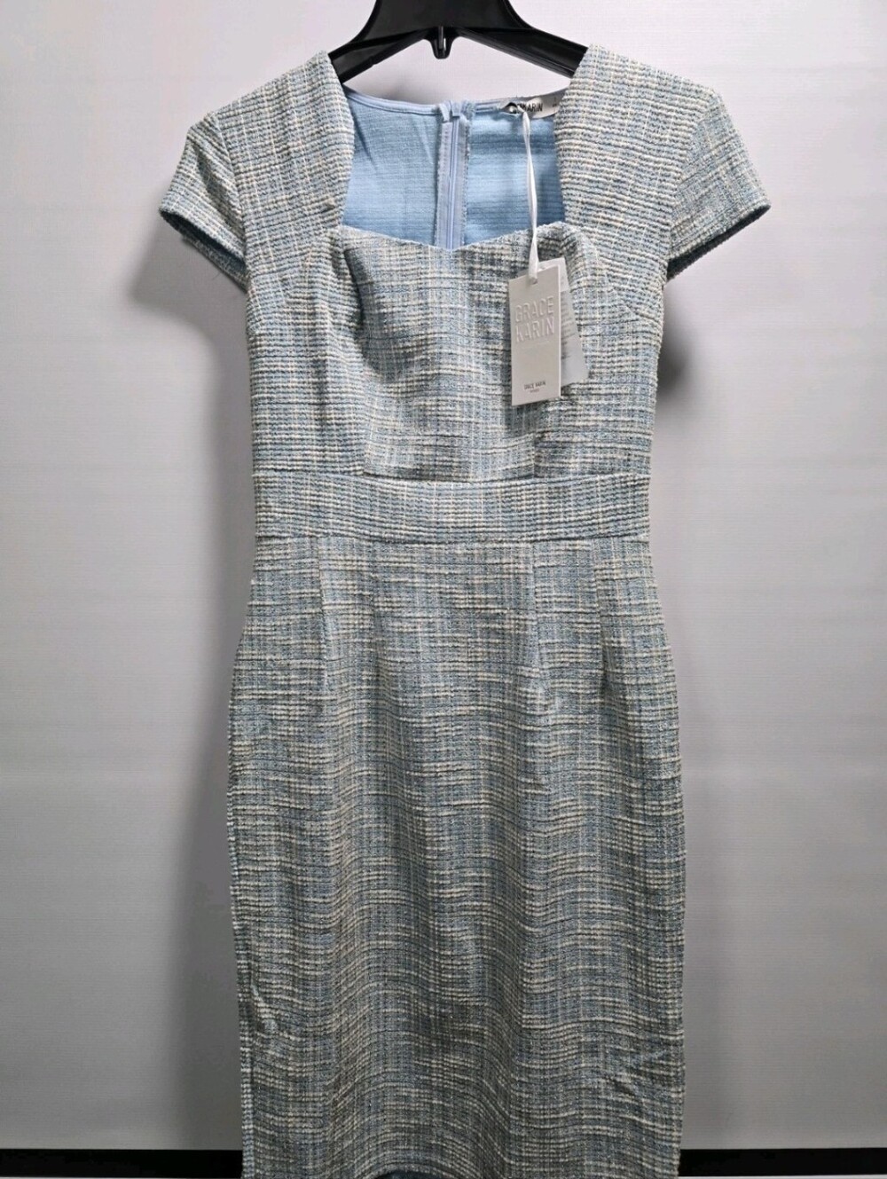 NEW Grace Karin Women's Blue Tweed Cap Sleeve Knee Length Pencil Sheath Dress